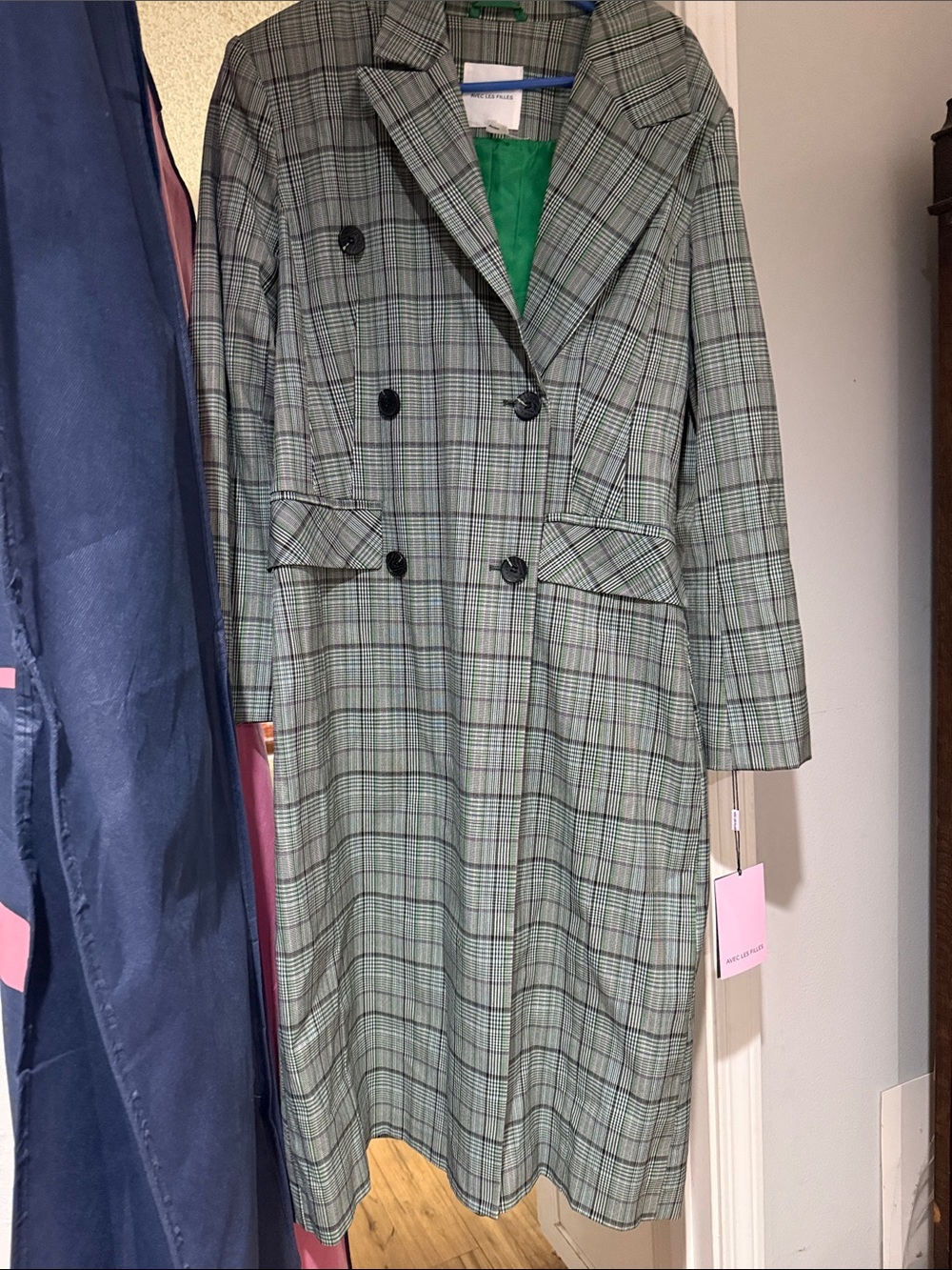 Avec Les Filles Green Plaid Double-Breasted Trench Coats